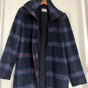 LOFT Navy and Red Plaid Trench Coat